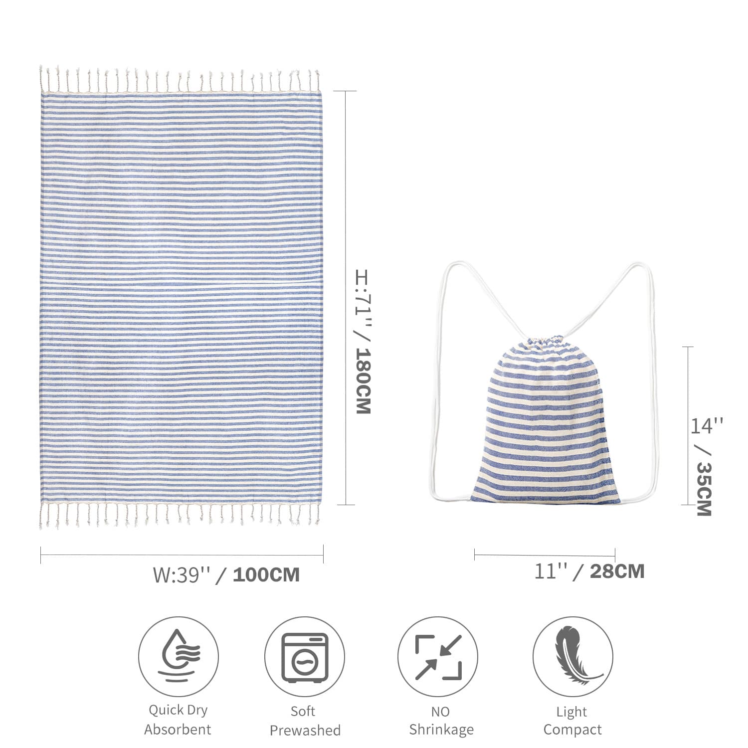Blue Lightweight Nylon Drawstring Tote Bag - Multi-Pocket Casual Shoulder
