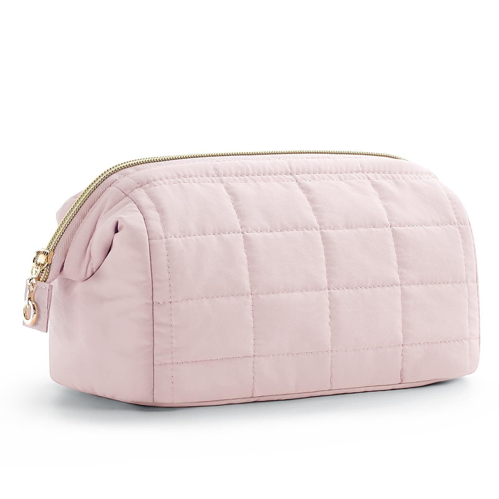 Pink Quilted Puffer Makeup Bag - Large Capacity Travel Cosmetic Organizer
