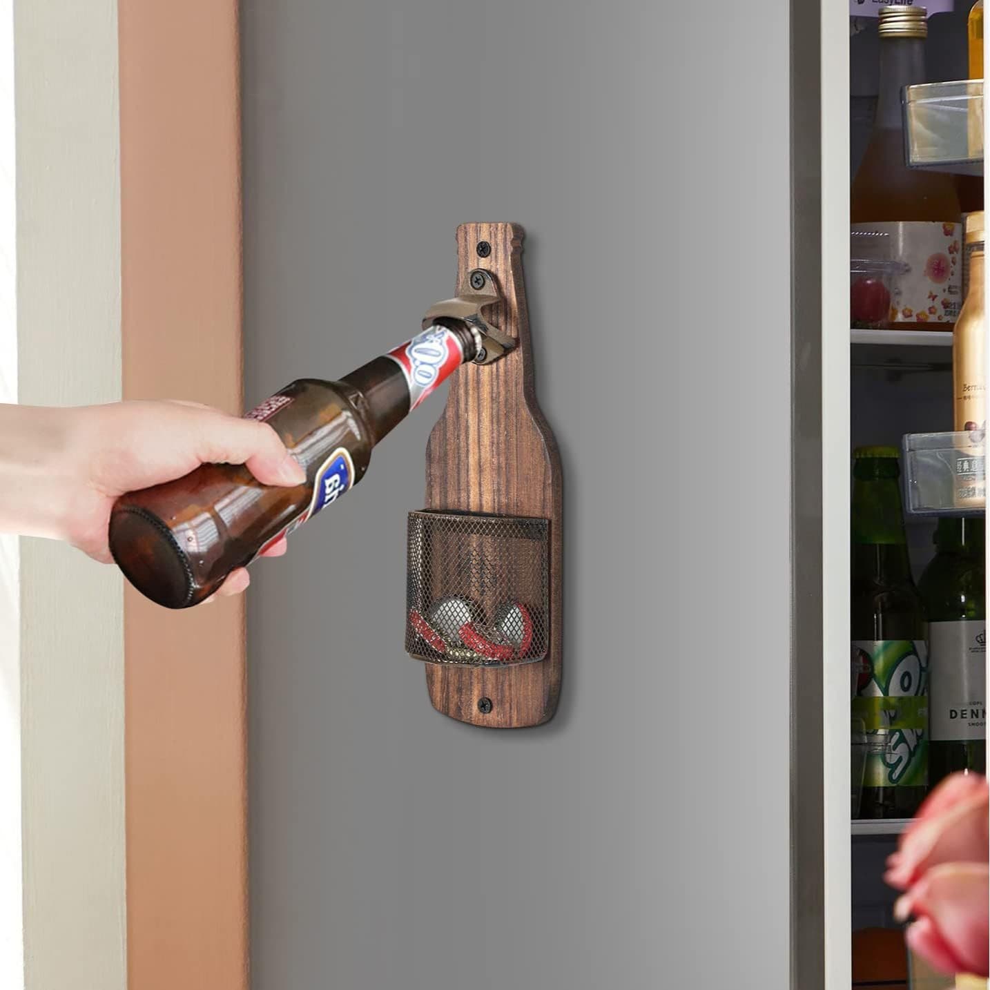 Brown Rustic Wooden Wall-Mounted Bottle Opener with Cap Catcher - Vintage