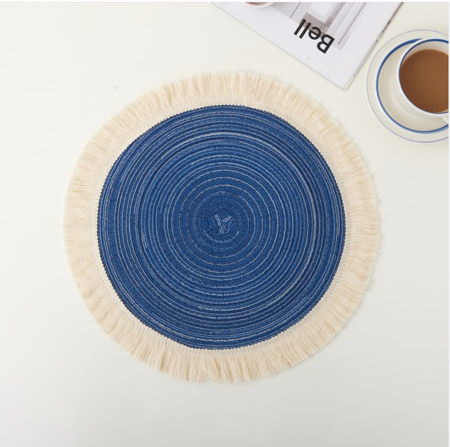 Blue Round Woven Placemats with Tassel Fringe - 4-Piece Set, Cotton Ramie