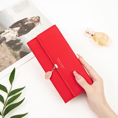 Red Ladies Long PU Leather Wallet - Slim Clutch with Leaf Charm, Multi-Card