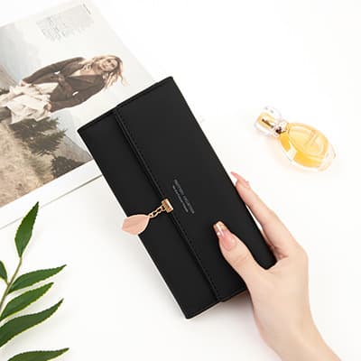 Black Ladies Long PU Leather Wallet - Slim Clutch with Leaf Charm