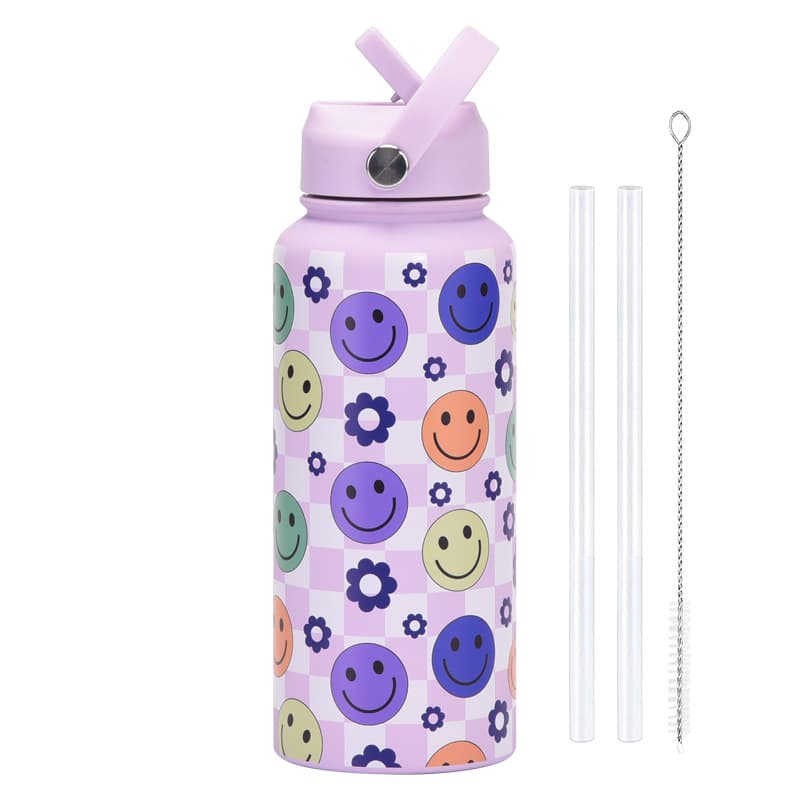 Style 27A Purple Smiley Face Pattern Vibrant Fun Print 1L Stainless Steel
