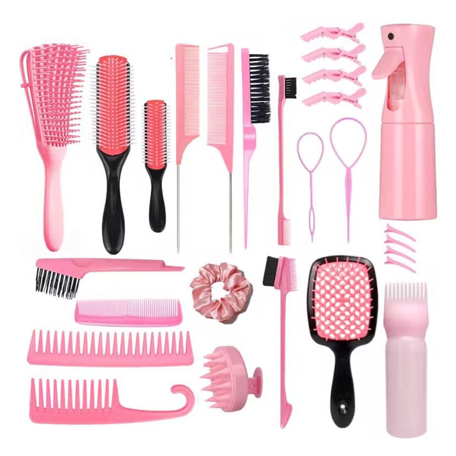 Pink Ultimate 27-Piece Hair Styling & Care Kit - Detangling Brushes, Combs