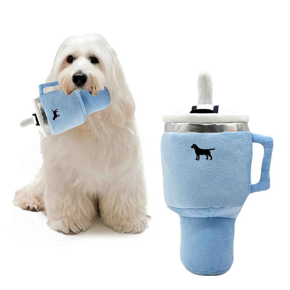 Blue Plush Travel Mug Squeaky Dog Toy - Soft Polyester Chew Toy for Boredom