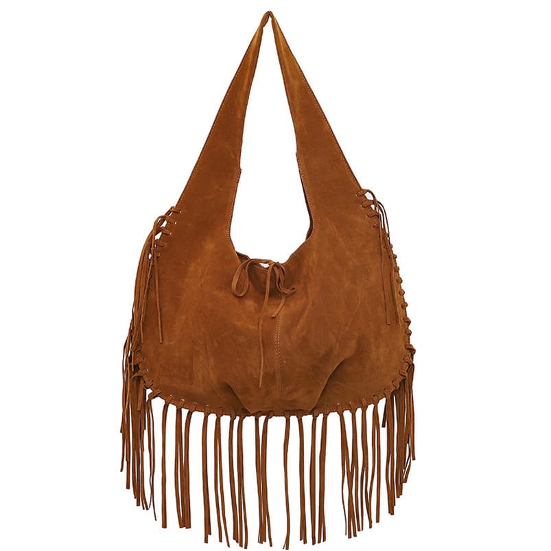 Brown Boho Fringed Hobo Bag - Large Capacity Soft Faux Suede Shoulder Tote