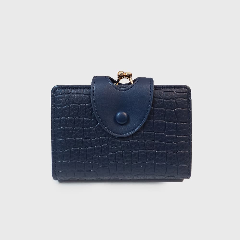 Dark Blue Croc Embossed Women's Wallet - Short PU Leather Bifold