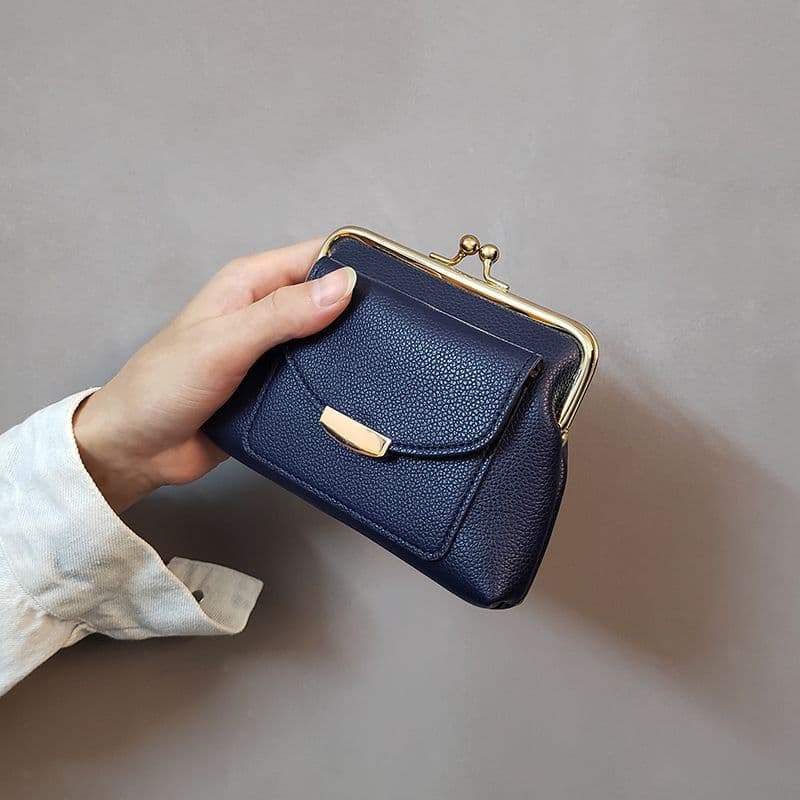 Dark Blue Vintage Style Women's Kiss Lock Coin Purse - Compact PU Leather