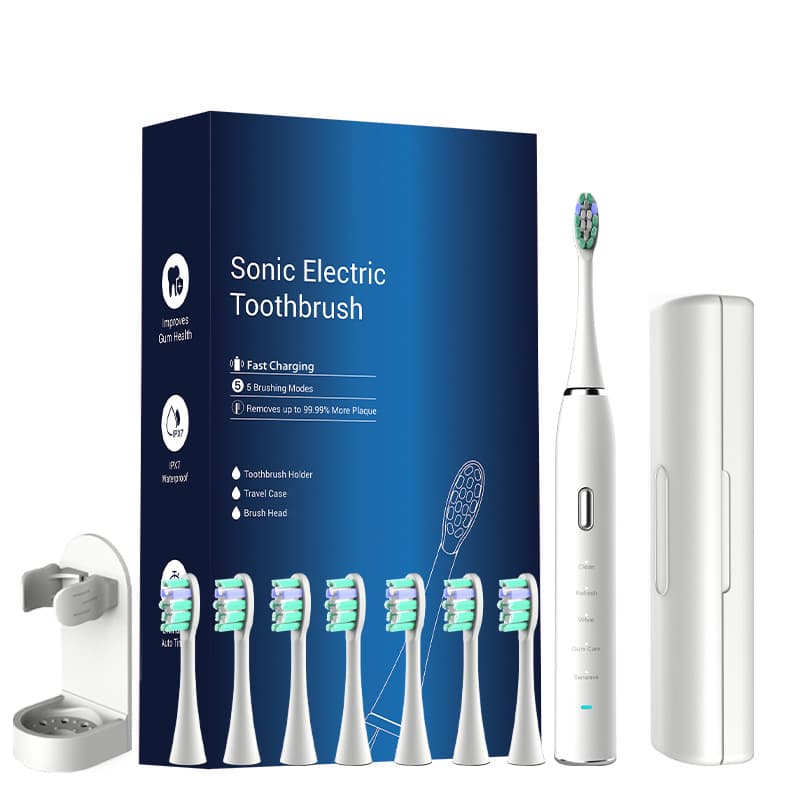 White Sonic Rechargeable Electric Toothbrush with 8 Heads & Travel - USB
