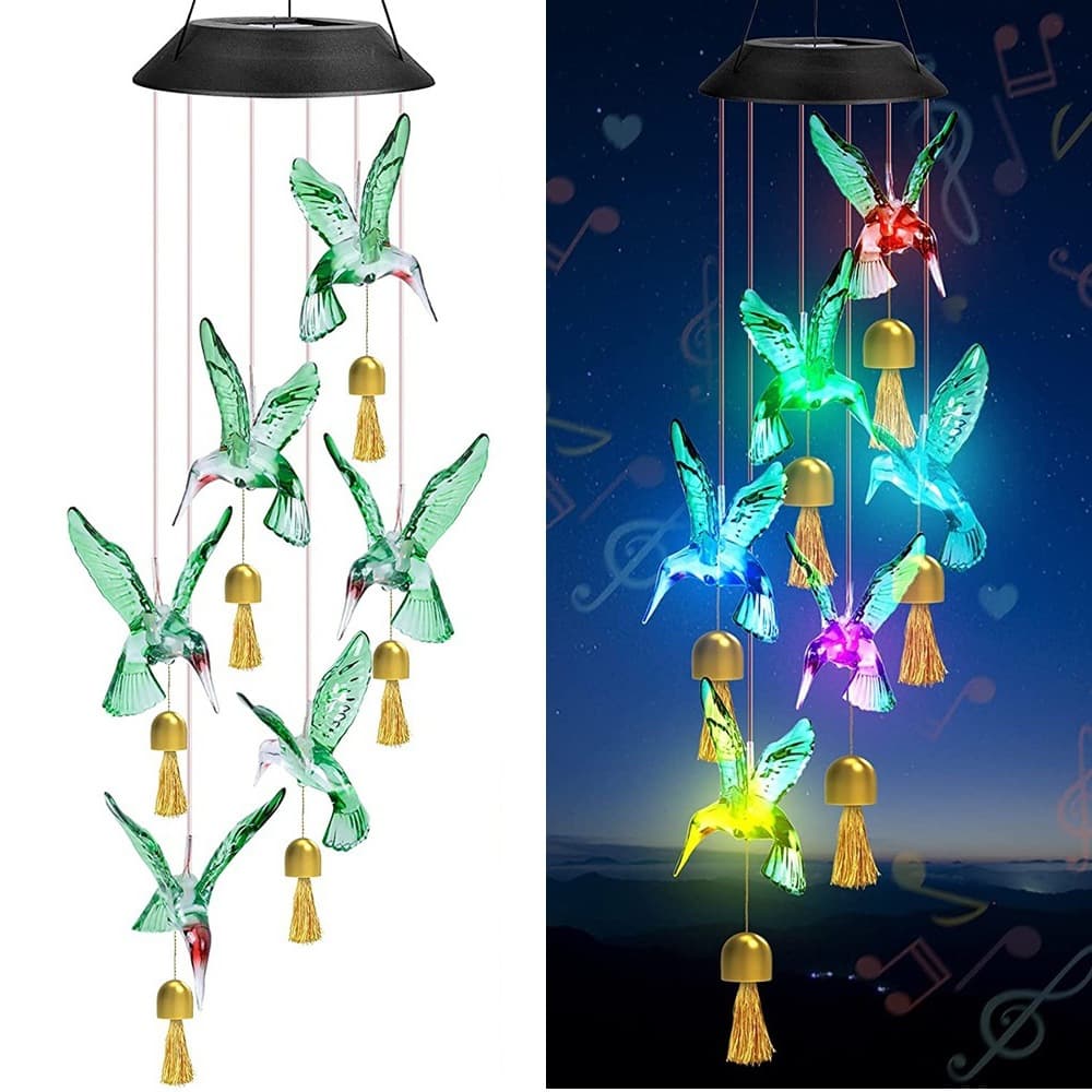 Green Solar Powered Hummingbird Wind Chime (With bell) - Color-Changing LED
