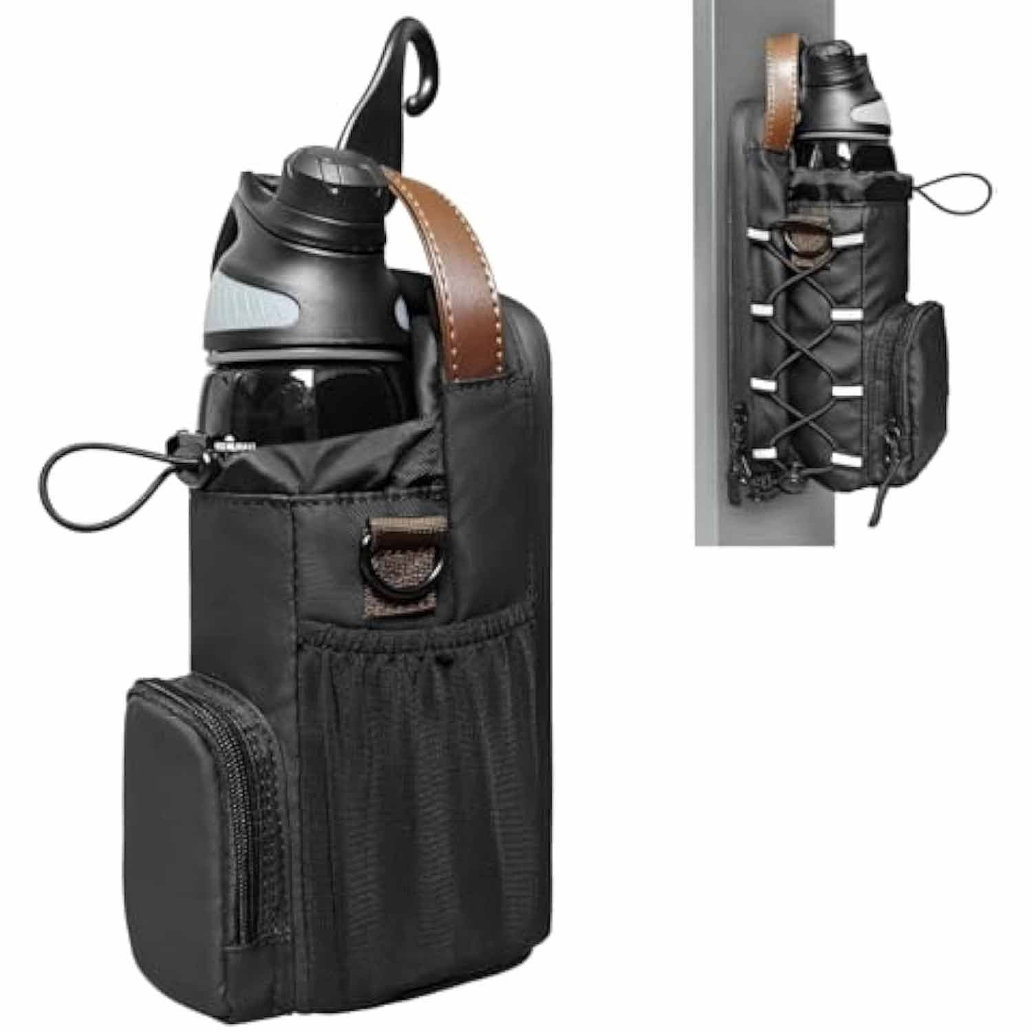 Waterproof Fitness Water Bottle Holder Bag with Adjustable Strap - Black Gym