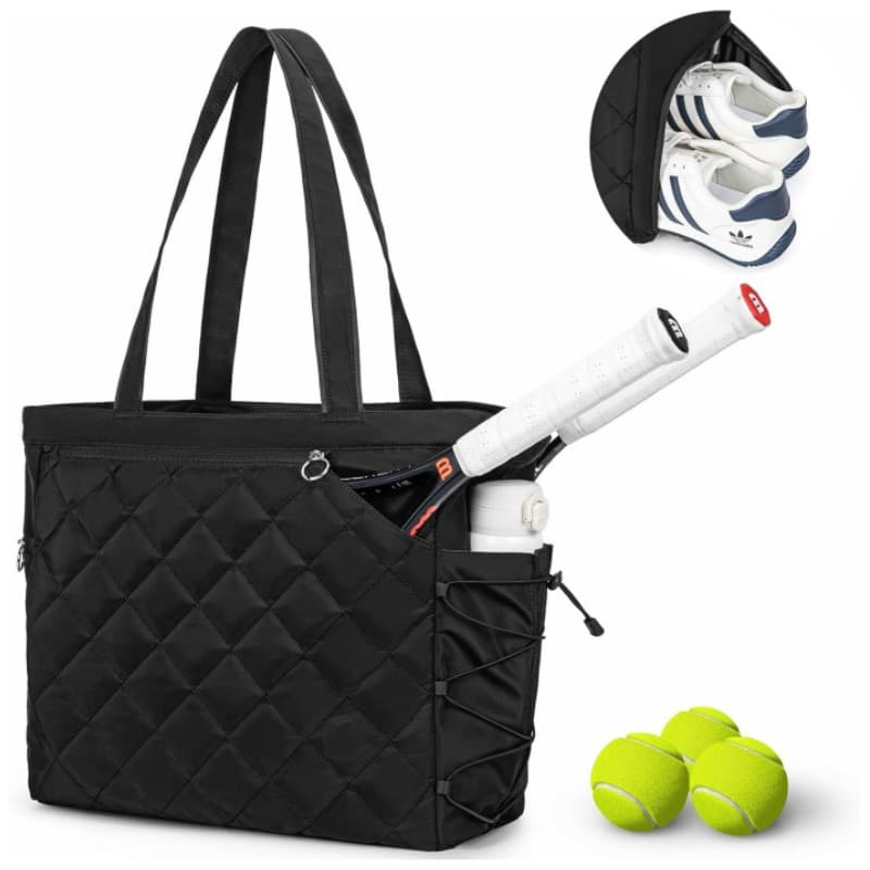 Black Large Quilted Tennis Tote Bag with Shoe Compartment