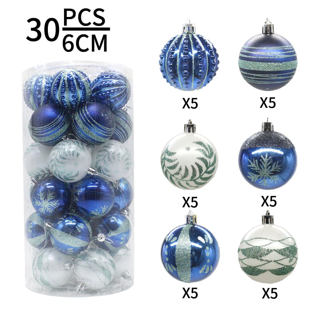 Blue 30-Piece 6 cm Electroplated Christmas Baubles - Hand-Painted Tree