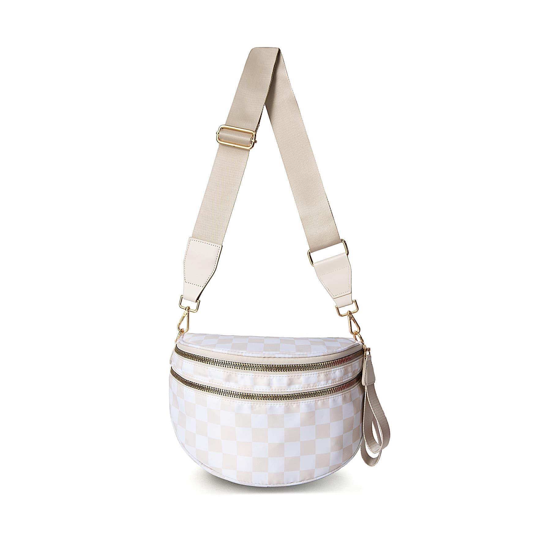 Beige Checkered Trendy Sling Bag - Women's Crescent Crossbody Purse
