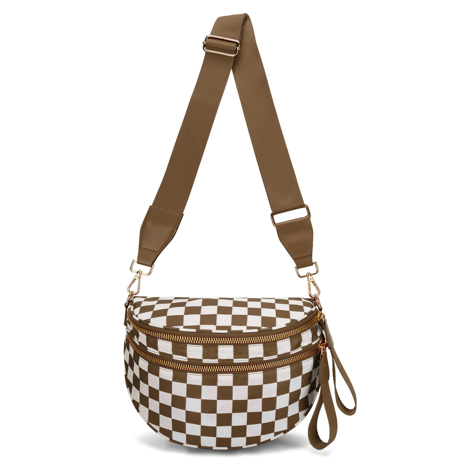 Brown Checkered Trendy Sling Bag - Women's Crescent Crossbody Purse