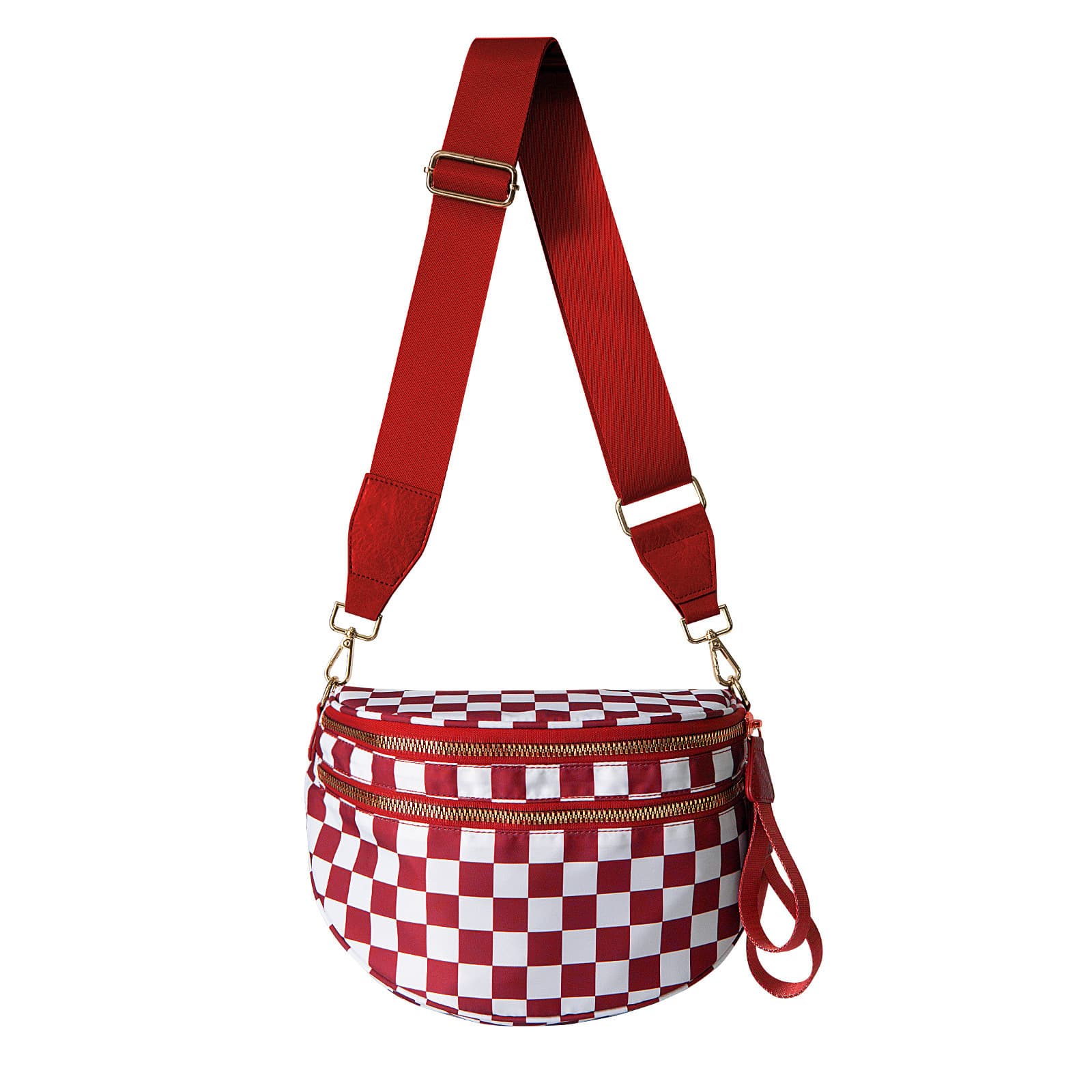 Red Checkered Trendy Sling Bag - Women's Crescent Crossbody Purse with Wide