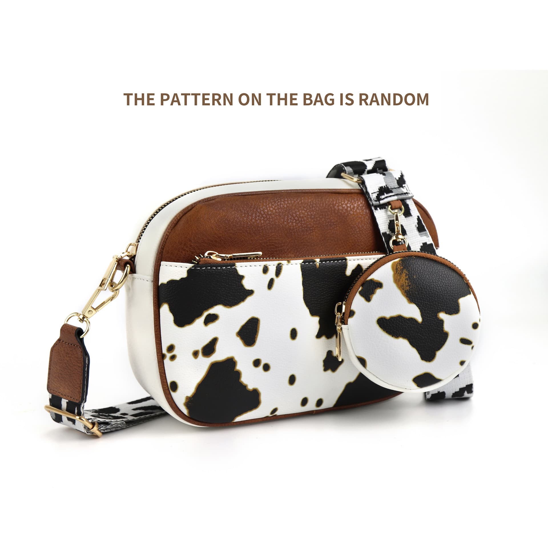 Cow White Brown Quilted Crossbody Bag - Vintage PU Leather Shoulder Purse