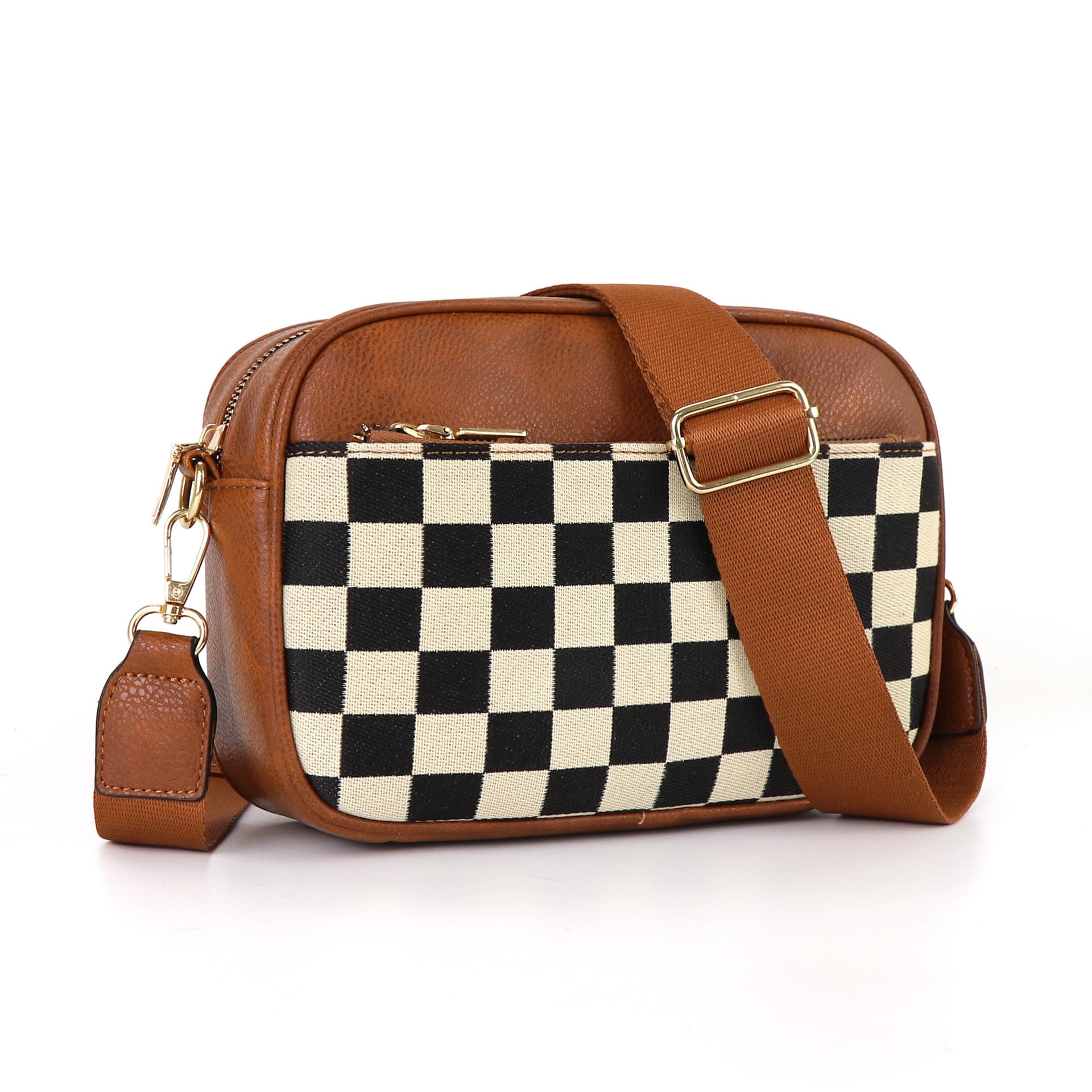 Tessellated Brown Quilted Crossbody Bag - Vintage PU Leather Shoulder Purse