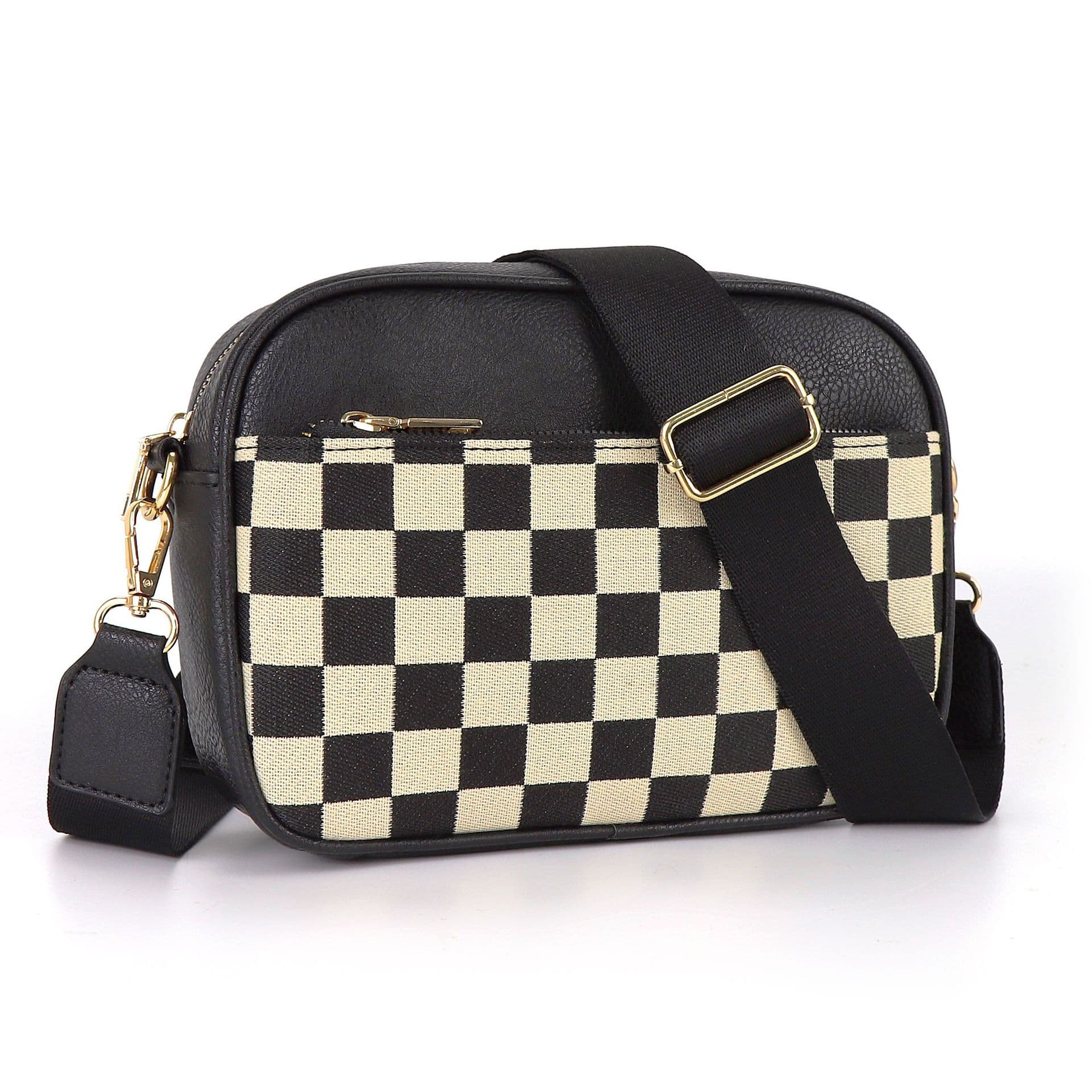 Tessellated Black Quilted Crossbody Bag - Vintage PU Leather Shoulder Purse