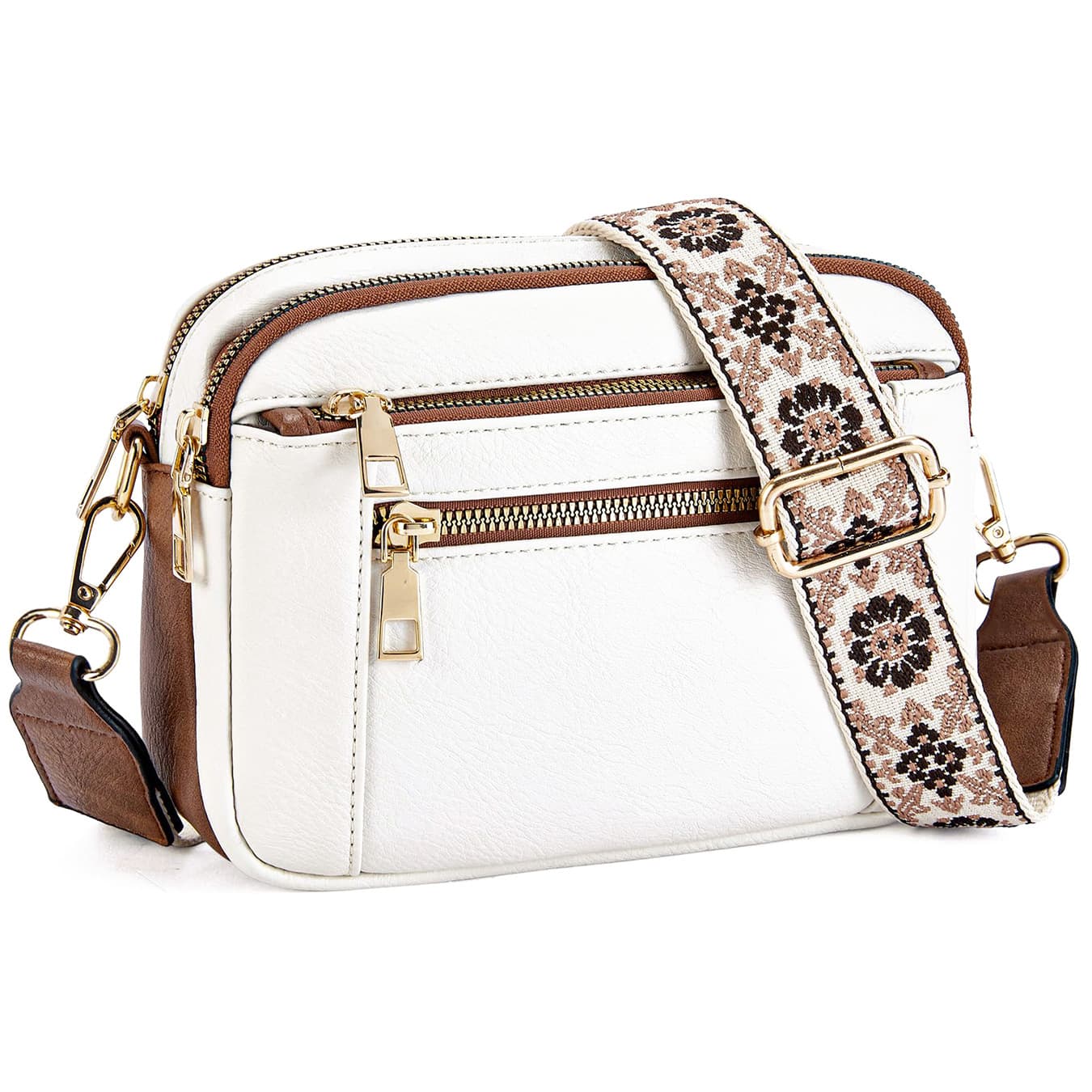 Double Zipper White Brown Quilted Crossbody Bag - Vintage PU Leather