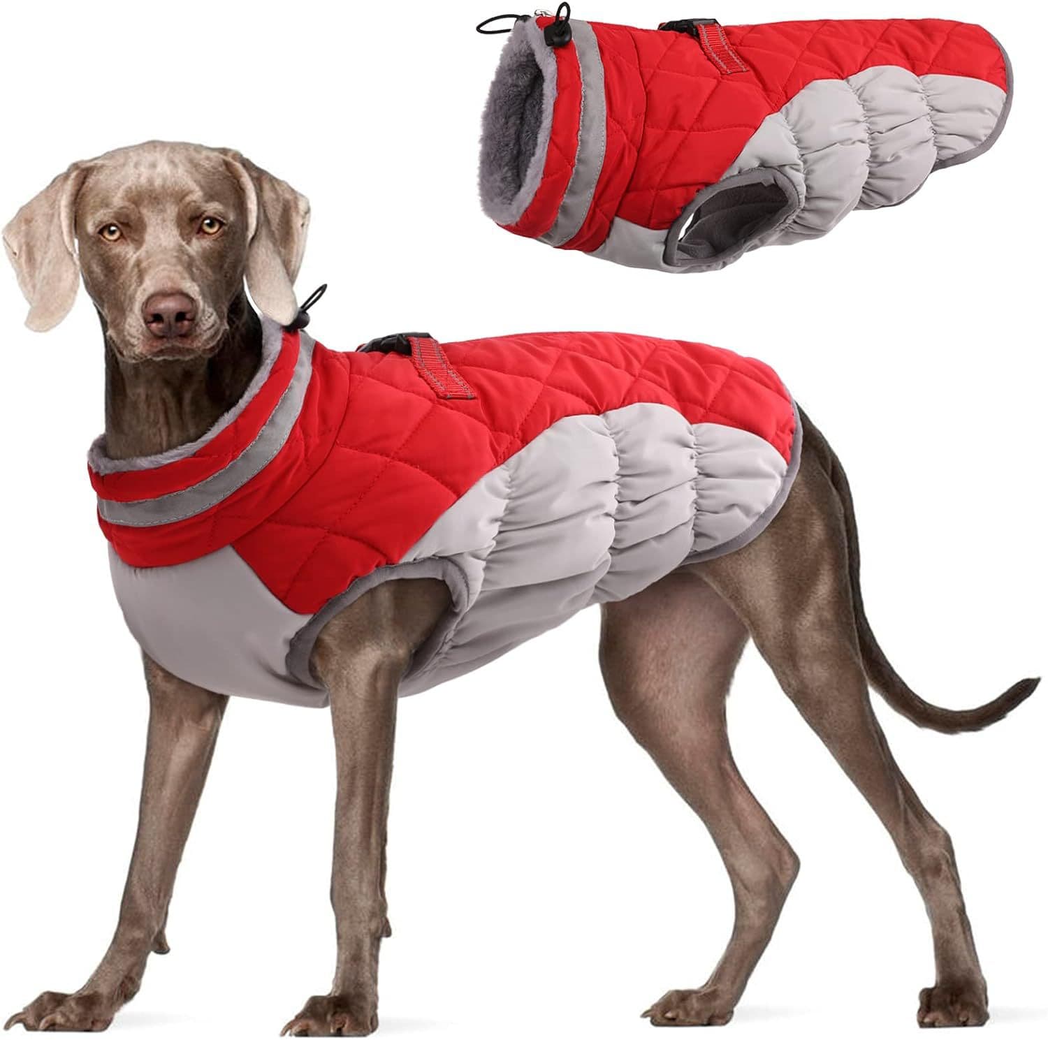 XS Red Grey Winter Puffer Dog Coat - Windproof & Fleece-Lined Jacket