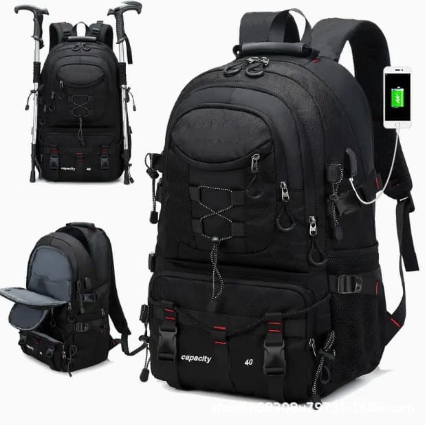Black 40L Large Capacity Travel Backpack - Water-Resistant Hiking Rucksack