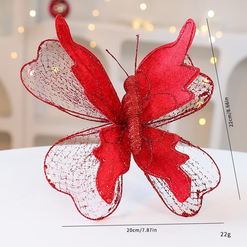 Red Large Glitter Butterfly Christmas Ornaments (2-Piece Set) - Clip-On