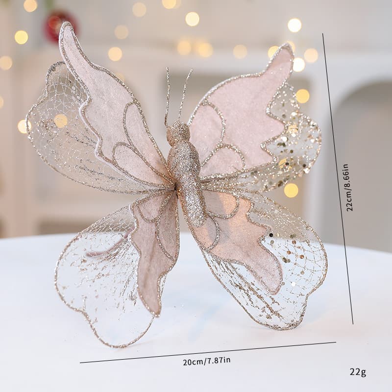 Champagne Gold Large Glitter Butterfly Christmas Ornaments (2-Piece Set)