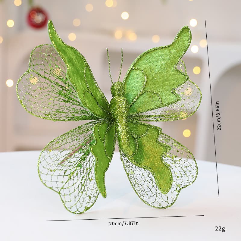 Green Large Glitter Butterfly Christmas Ornaments (2-Piece Set) - Clip-On