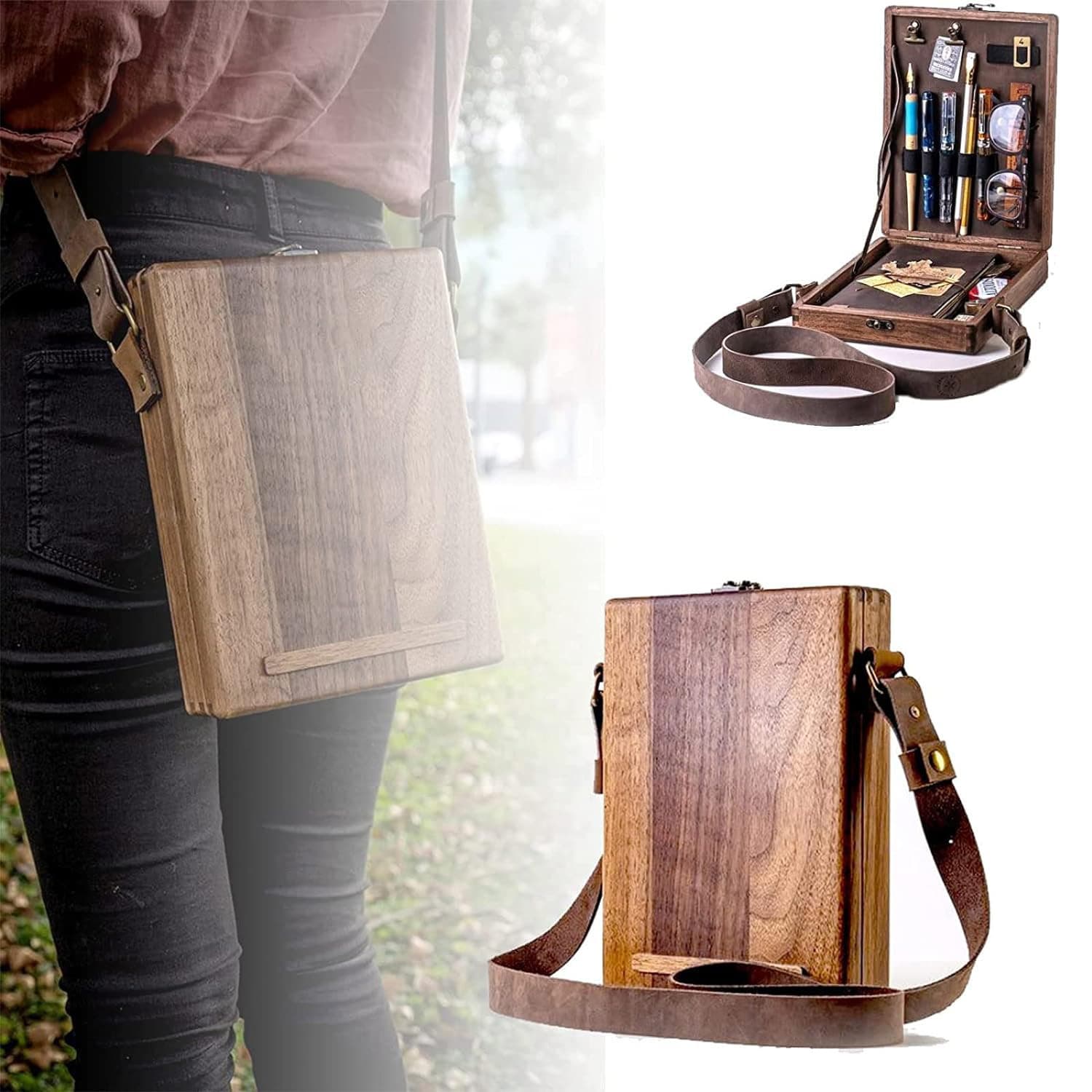 Vintage Writer's Wooden Messenger Box - Artisan Crossbody Satchel