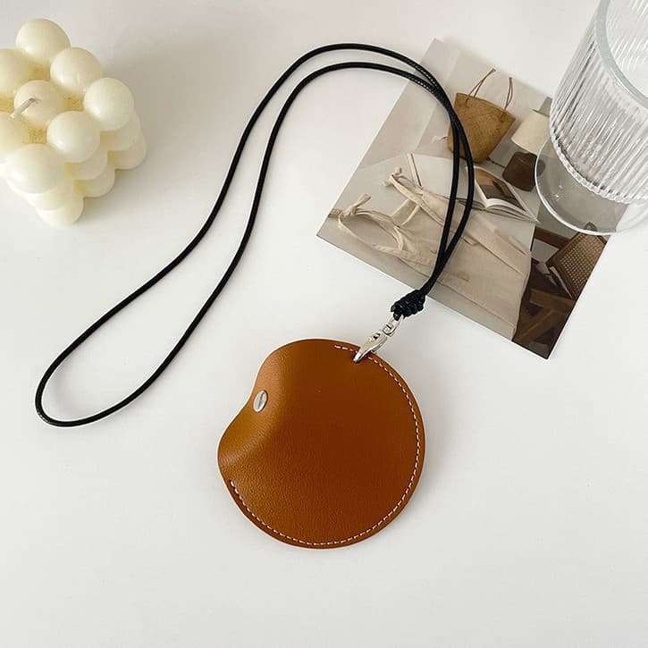 Chocolate color Leather Earbud Pouch with Lanyard - Portable & Compact Coin