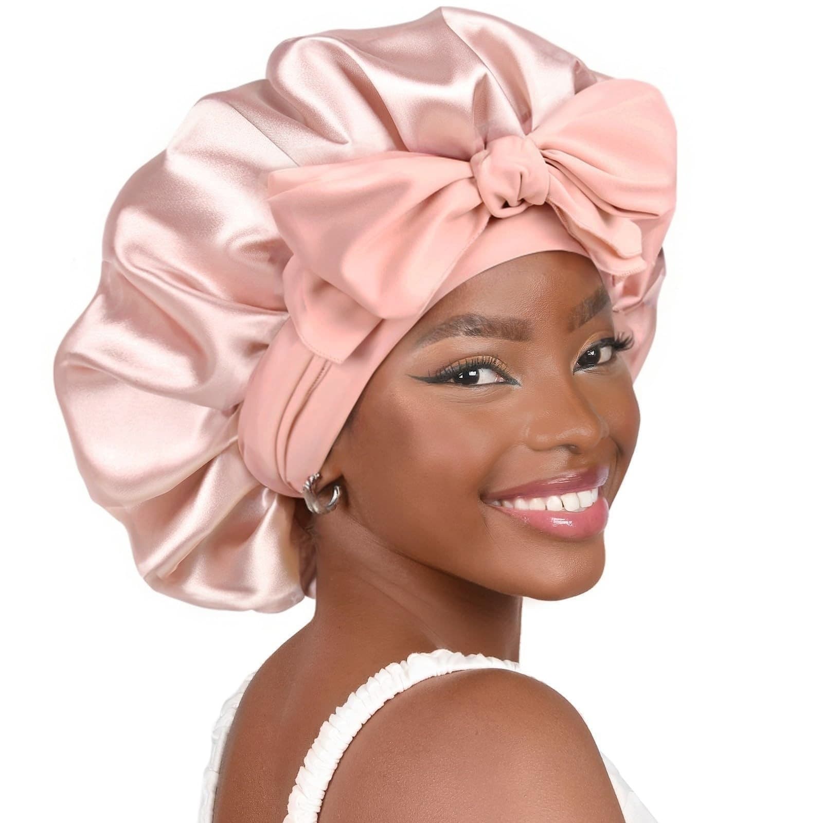Pink Double Layer Satin Bonnet with Bow Tie - Large Hair Protection Sleep
