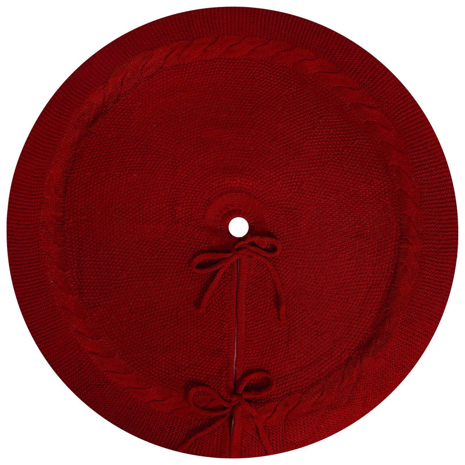 Red Knit Christmas Tree Skirt with Cable-Knit Border - Rustic - Size 62 cm