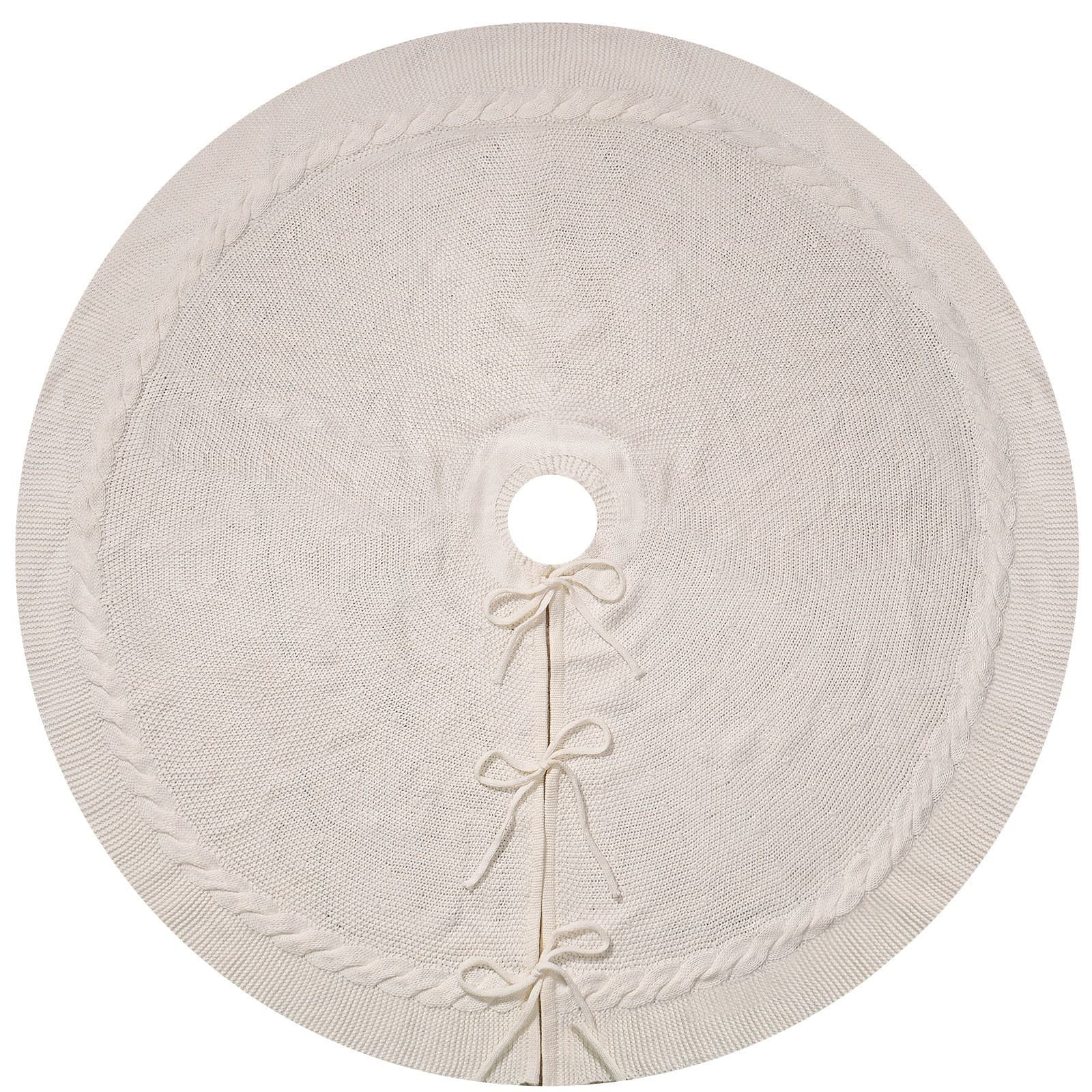 White Knit Christmas Tree Skirt with Cable-Knit Border - Size 122 cm