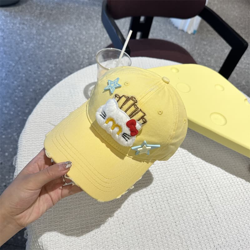 Cartoon Cat & Stars Baseball Cap - 100% Cotton, Adjustable Fit, Sun - Yellow