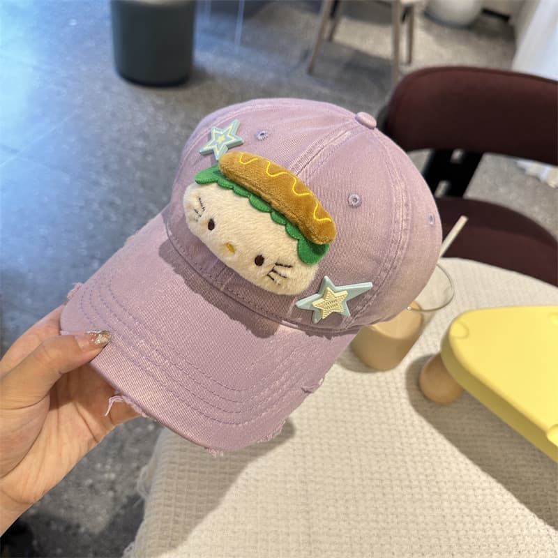 Cartoon Cat & Stars Baseball Cap - 100% Cotton, Adjustable Fit, Sun - Purple