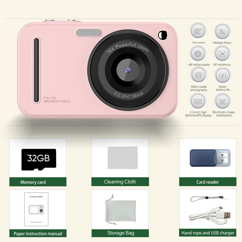 48MP Digital Camera with 16x Zoom & AF Autofocus - Full HD Vlogging - Pink