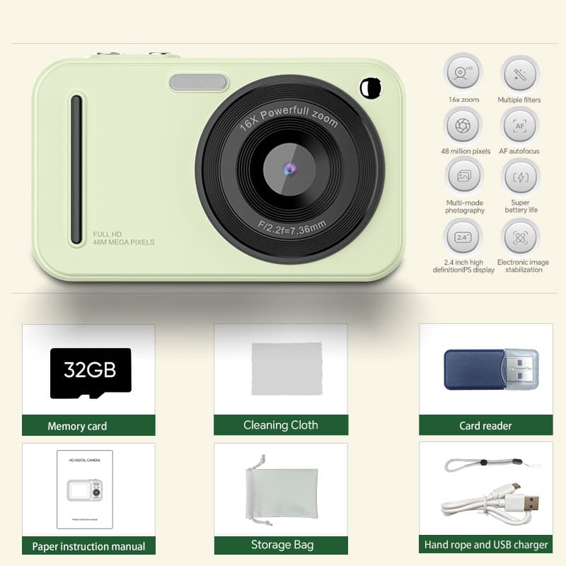 48MP Digital Camera with 16x Zoom & AF Autofocus - Full HD Vlogging - Green