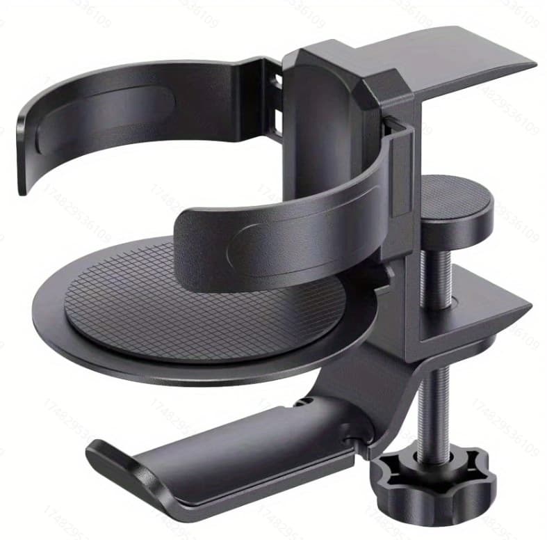 Two desktop clip-on cup holders and headphone hanger - adjustable - Black