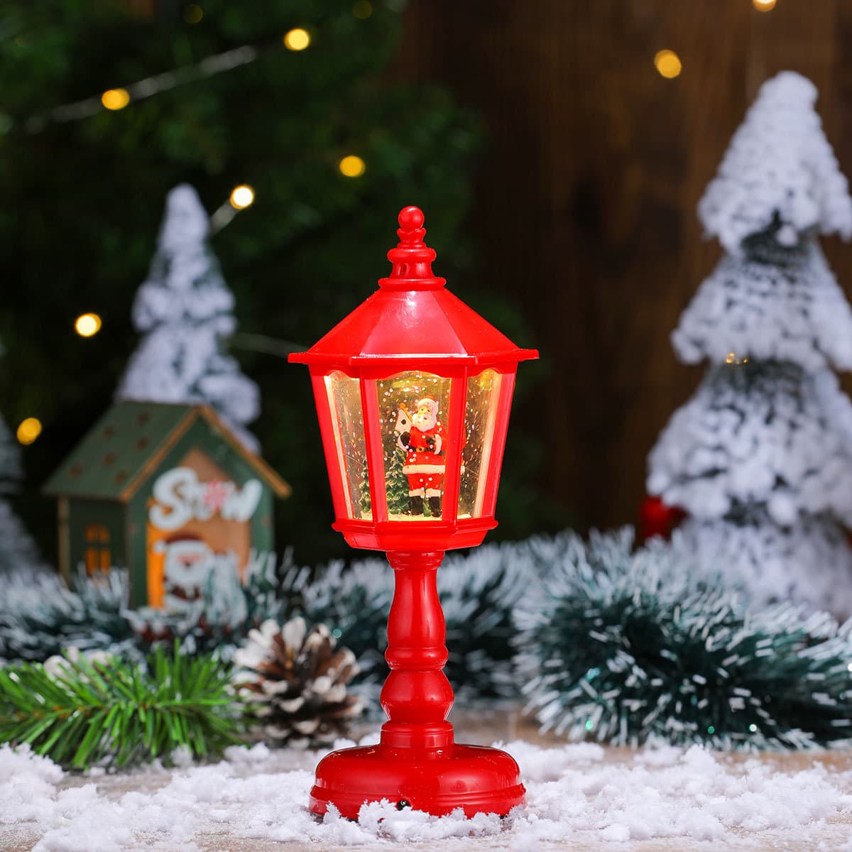 Festive LED Christmas Snow Globe Lantern - Glittering Tabletop - Red