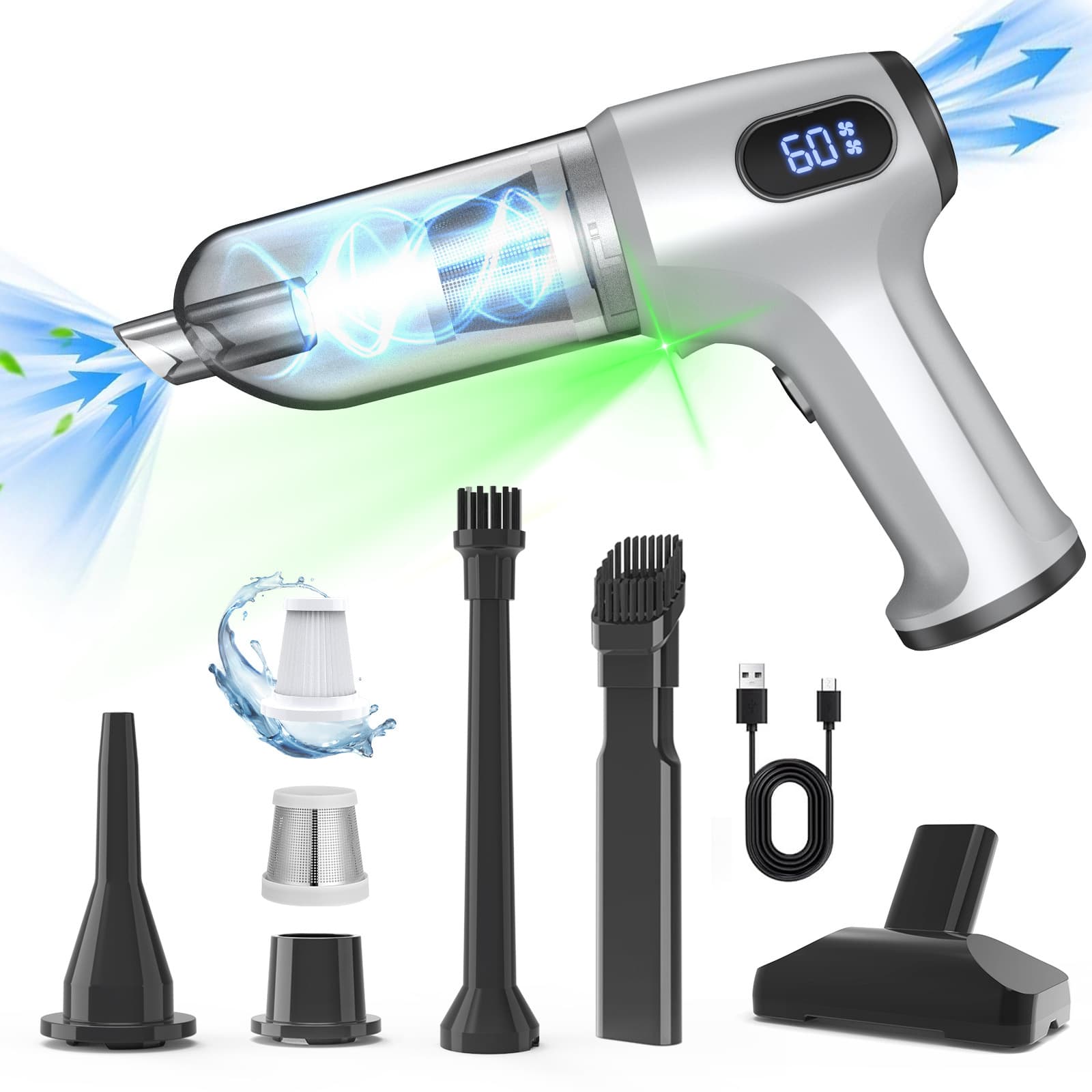 2-in-1 Cordless Handheld Vacuum & Air Duster - 12000Pa Suction - Silver
