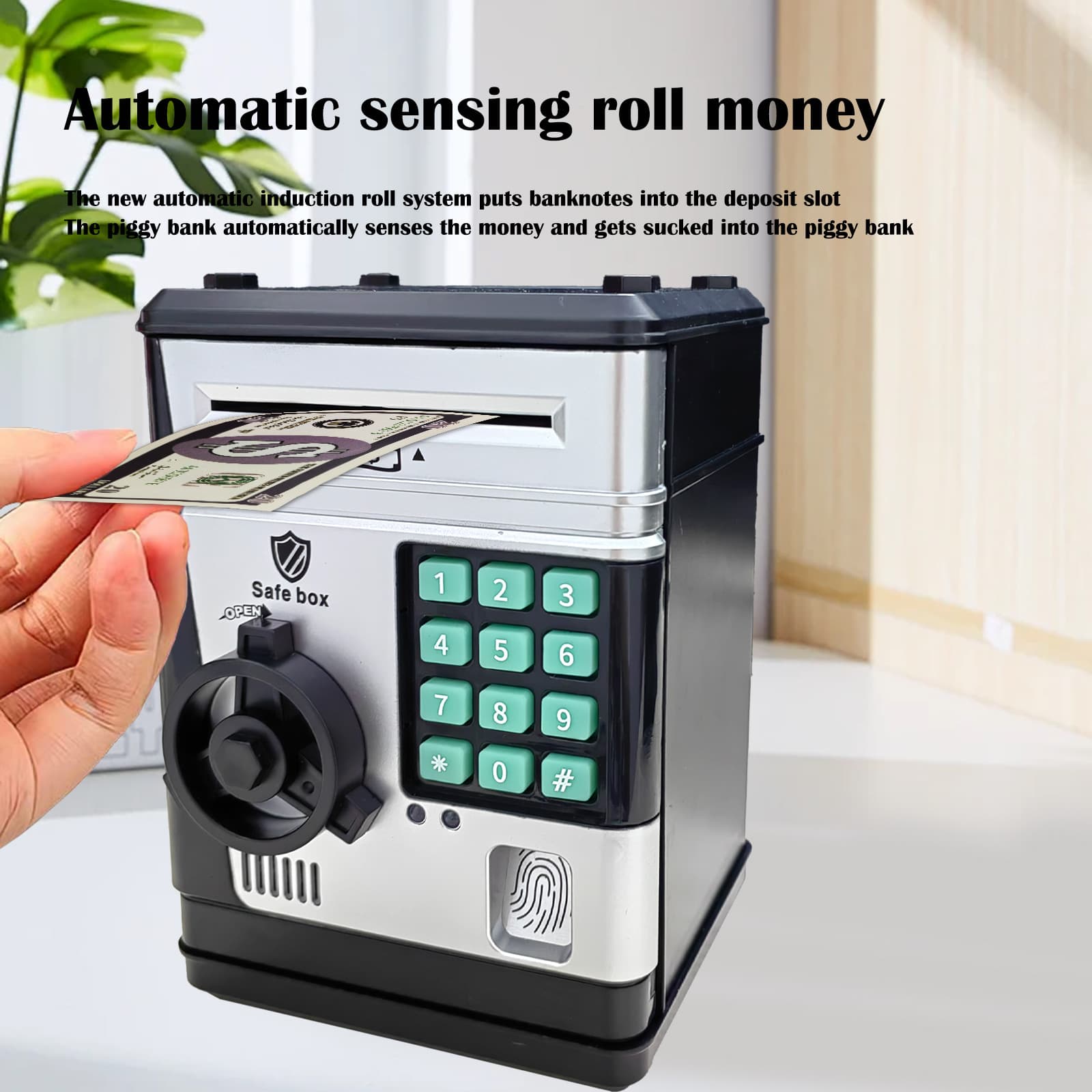 Electronic Piggy Bank Safe Box for Kids - Automatic Bill & Coin Bank - Black
