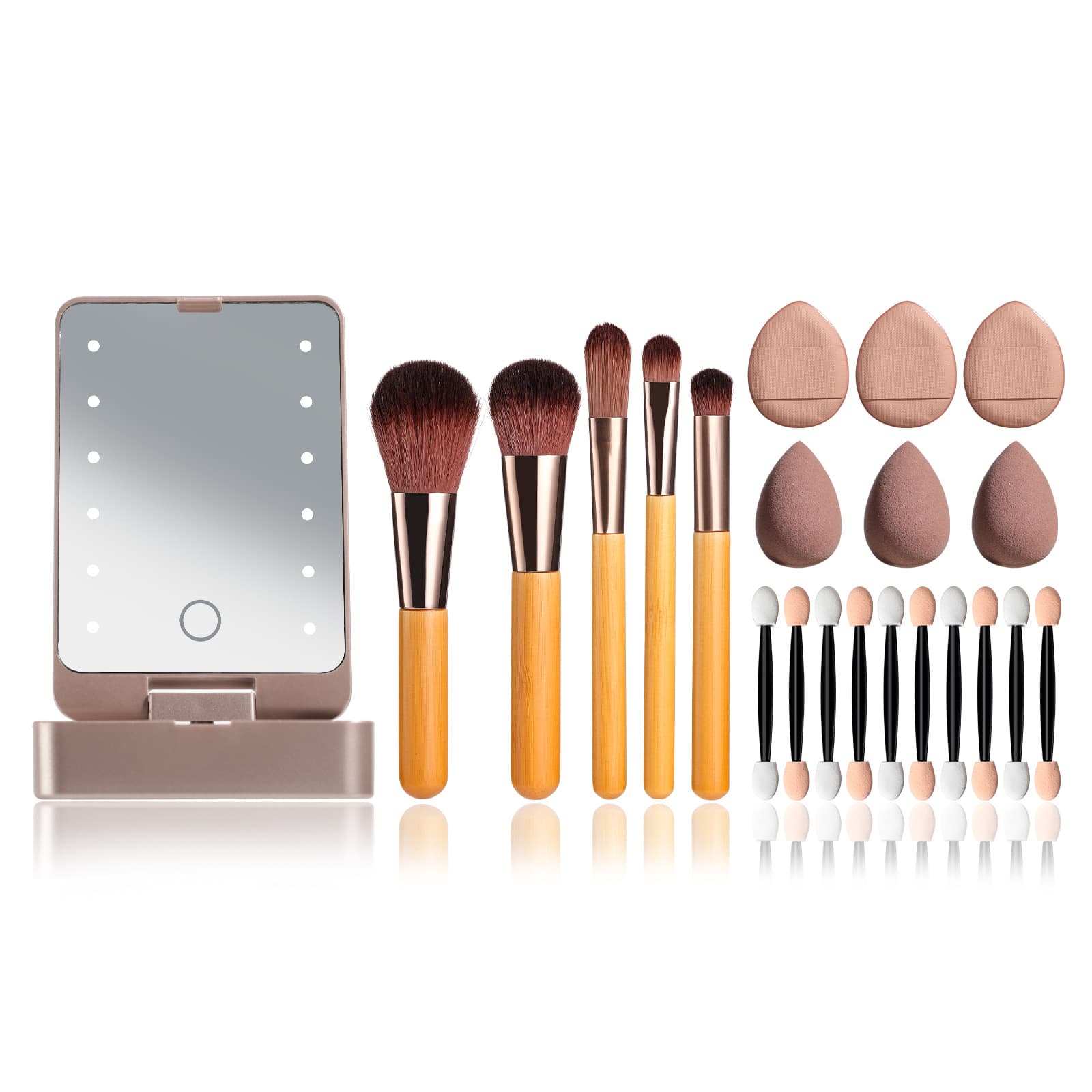 All-in-One Portable Makeup Brush Kit with LED Mirror Travel Case - Pink