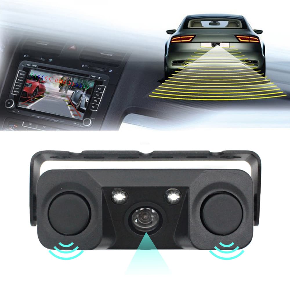 3-in-1 Car Reversing Camera & Parking Sensor System with Monitor - Black