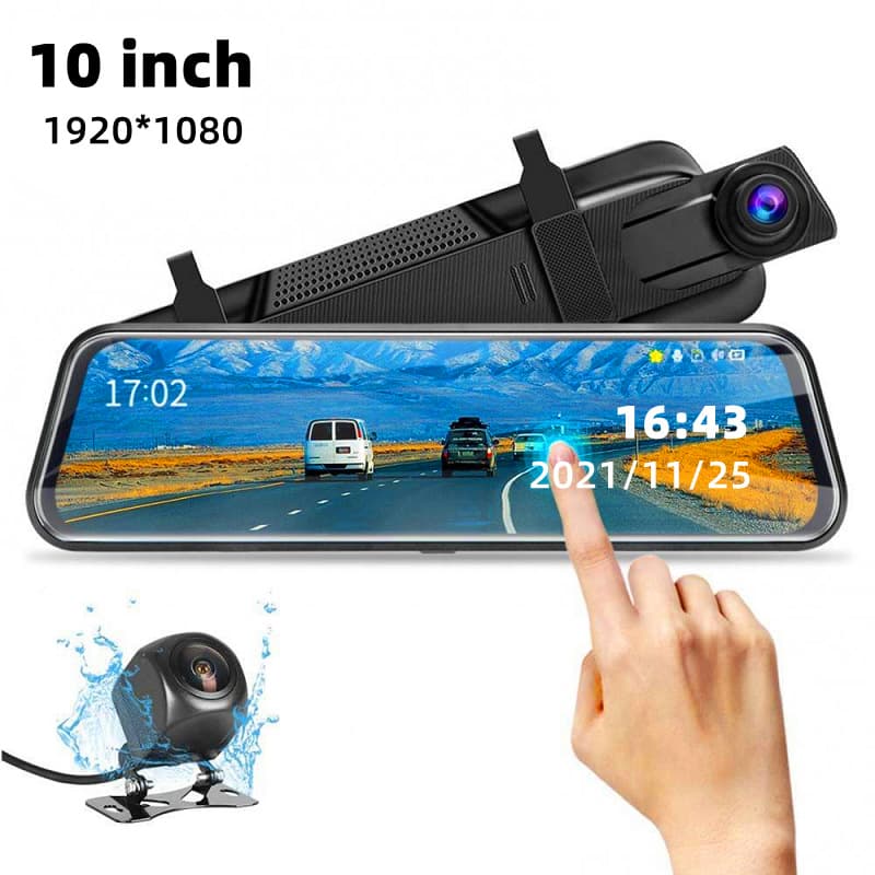 10-Inch Dual Lens Dash Cam Mirror - 1080P FHD Touch Screen Car DVR - Black
