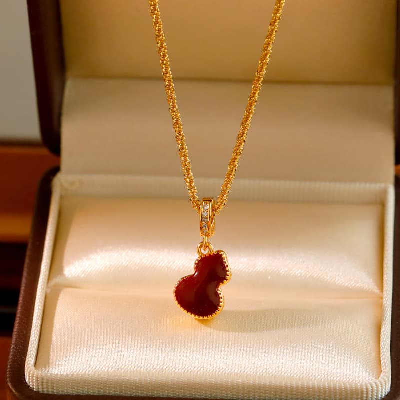 Gourd Pendant Necklace with Adjustable Textured Chain - Lucky Calabash - Red