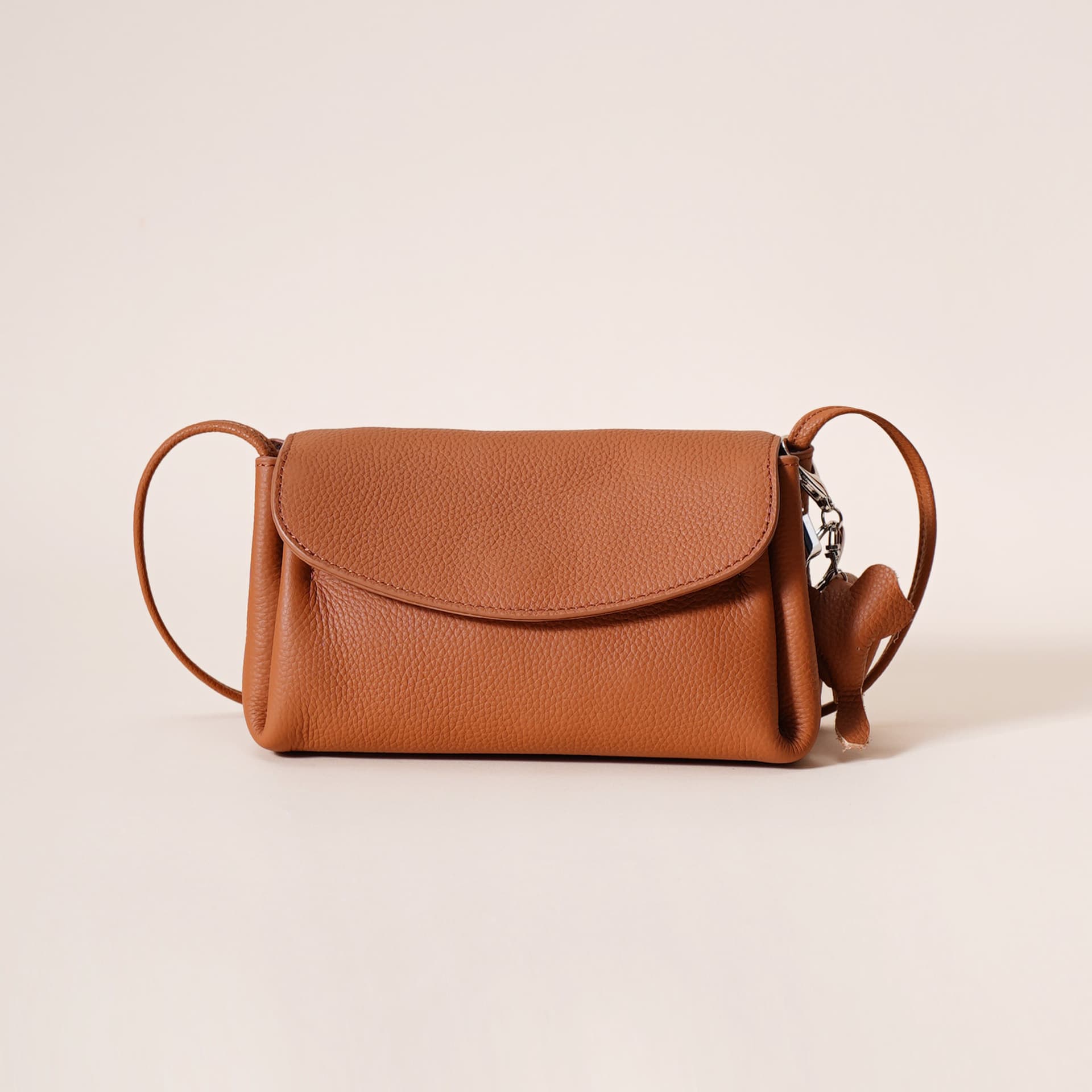 Genuine Leather Flap Crossbody Bag with Elephant Charm - Golden brown