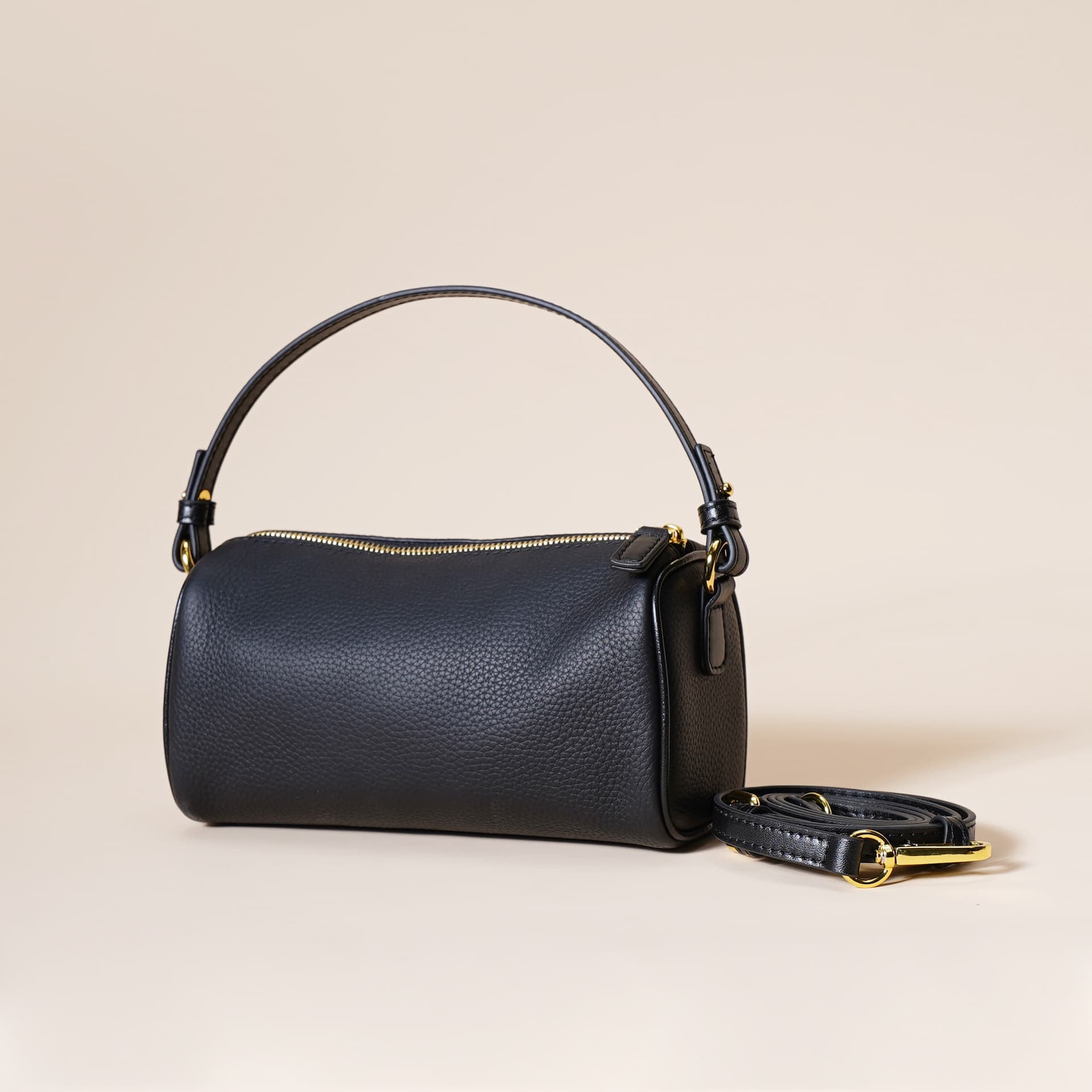 Genuine Leather Boston Bag - Mini Barrel Crossbody & Top Handle - Black