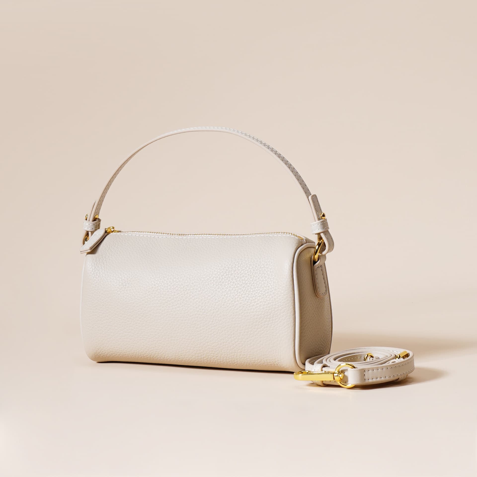 Genuine Leather Boston Bag - Mini Barrel Crossbody & Top Handle - White