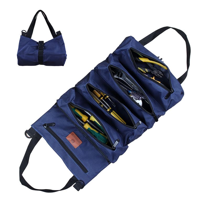 Heavy-Duty Canvas Tool Roll Up Bag & Organizer Tote - Multi-Pocket - Blue